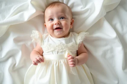 Bébé fille de 6 mois portant une robe de baptême en dentelle ivoire, vue de dessus sur un fond en lin blanc