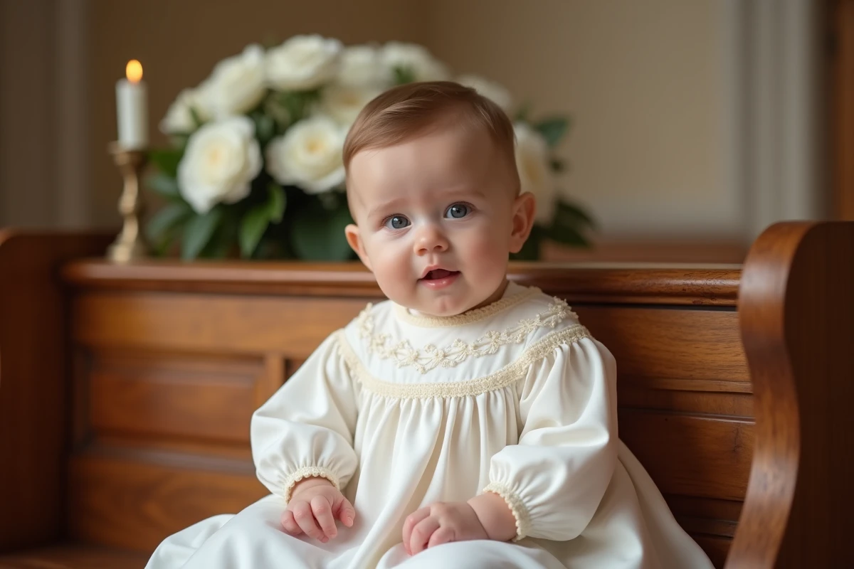 Bébé garçon de 6 mois en robe de baptême blanche brodée assis sur un banc d'église en bois