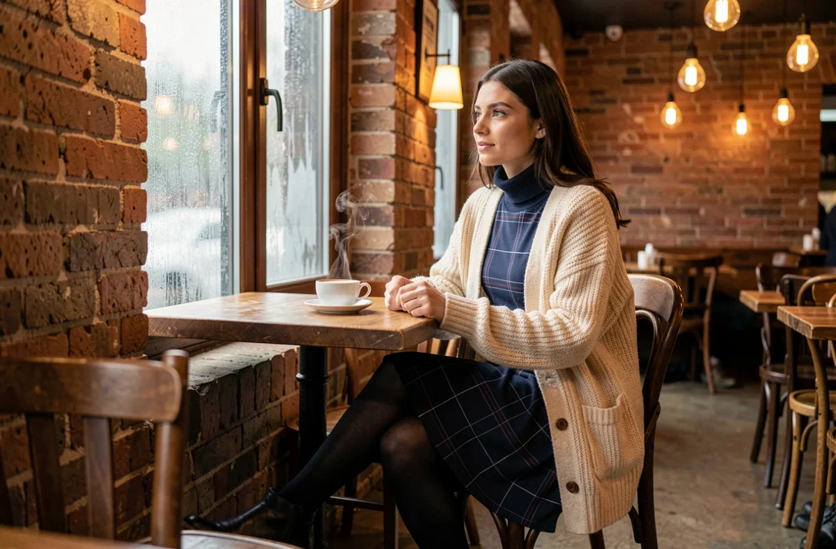 Femme assise dans un café en hiver portant une robe évasée à carreaux marine avec un gilet en grosse maille et des collants chauds