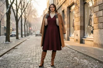 Femme portant une robe évasée en laine bordeaux sur un col roulé crème avec des bottes en cuir et un manteau camel en hiver, dans une rue pavée