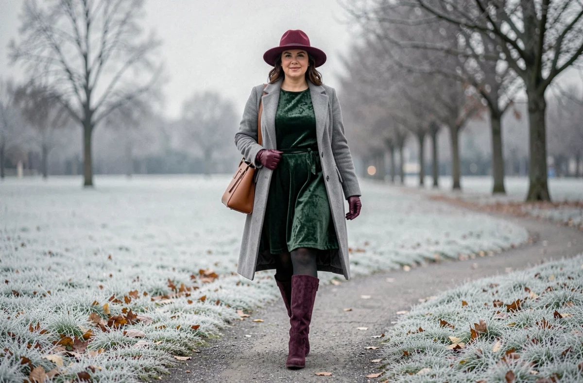 Femme en robe évasée en velours vert forêt portée sous un manteau long gris, avec chapeau bordeaux et bottes suède hautes, se promenant dans un parc en hiver