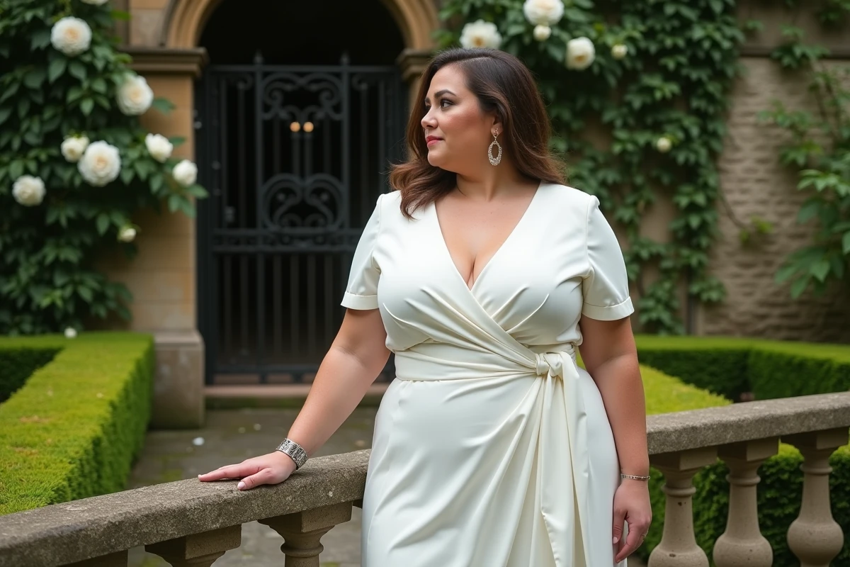 Femme grande taille en robe de mariée portefeuille crêpe avec ceinture à la taille dans un jardin fleuri, silhouette en H mise en valeur