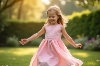 Fillette portant une robe de princesse rose douce anti-grattage dans un jardin fleuri, idéale pour les peaux sensibles