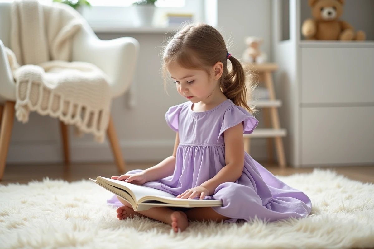 Petite fille assise en intérieur avec une robe princesse lavande à coutures plates pour peau sensible