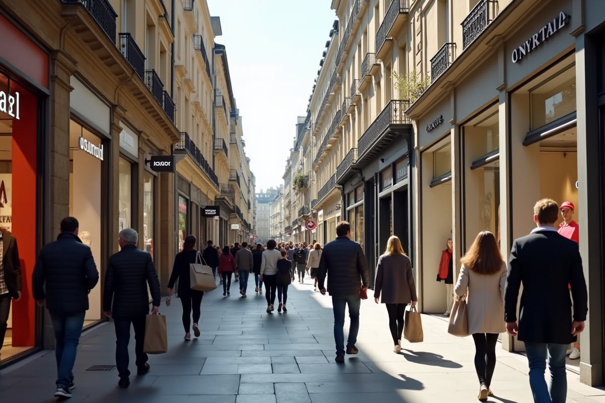 Rue animée avec boutiques françaises et passants en journée
