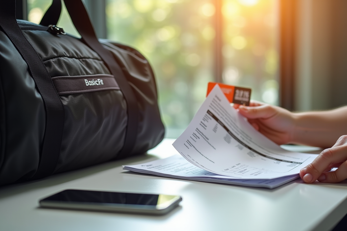 Sac BasicFit sur une table lumineuse avec smartphone et carte de membre