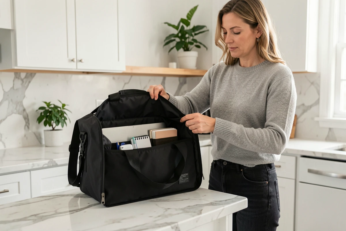 Femme en pull gris vidant son sac de travail fonctionnel pour ordinateur sur un comptoir de cuisine en marbre avec compartiments organisés visibles
