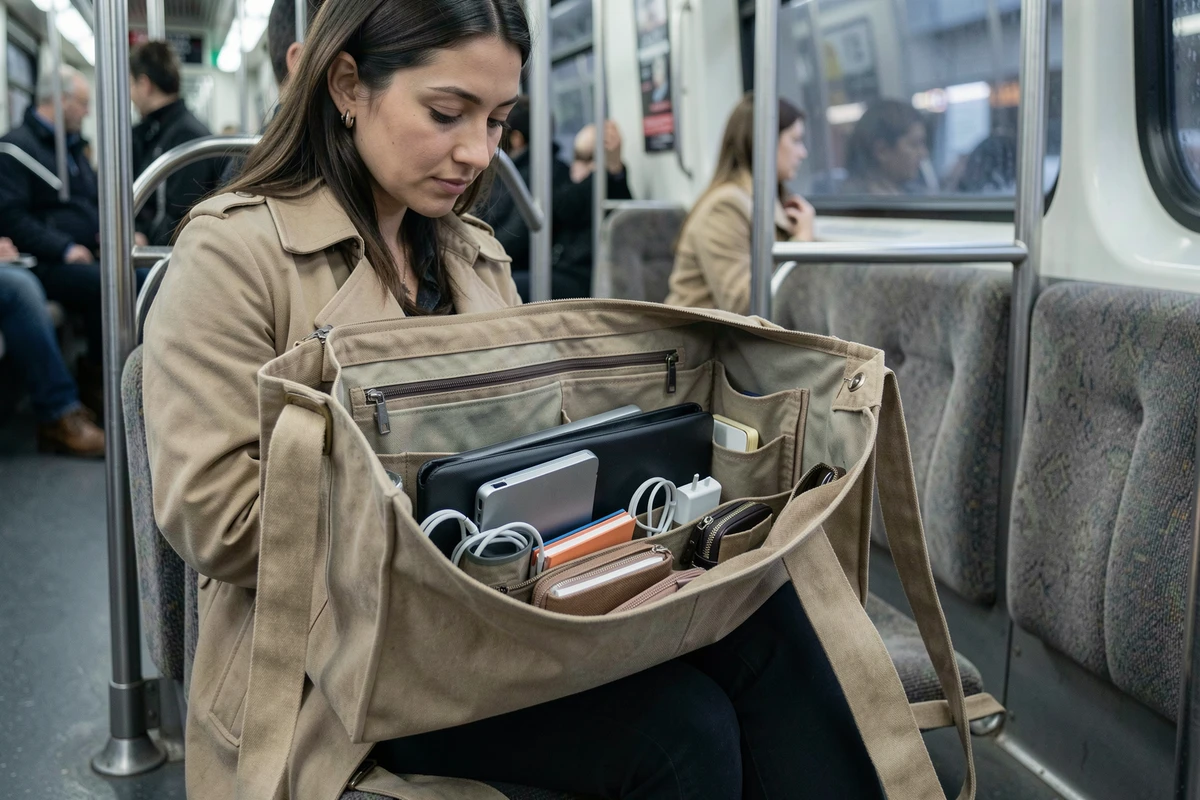 Femme en trench coat dans le métro avec sac de travail ouvert montrant l'organisation intérieure pour ordinateur portable et accessoires
