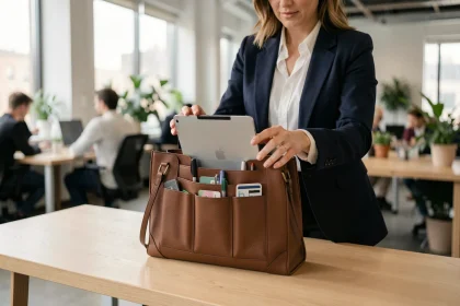 Femme professionnelle rangeant un ordinateur portable dans un sac de travail en cuir structuré avec compartiments organisés sur un bureau en bois