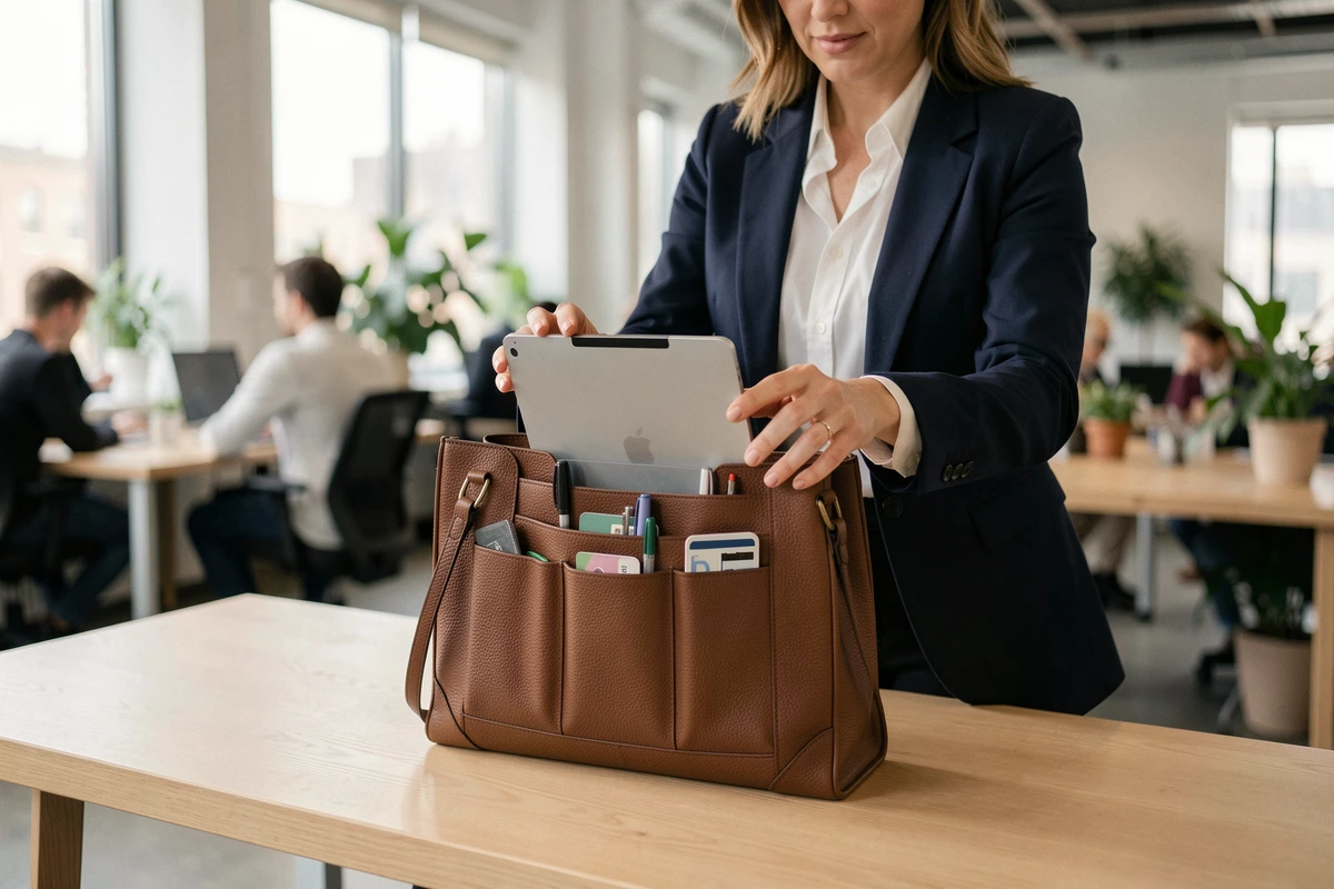 Femme professionnelle rangeant un ordinateur portable dans un sac de travail en cuir structuré avec compartiments organisés sur un bureau en bois