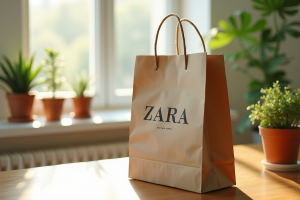 Sac Zara recyclé sur table en bois avec plantes vertes
