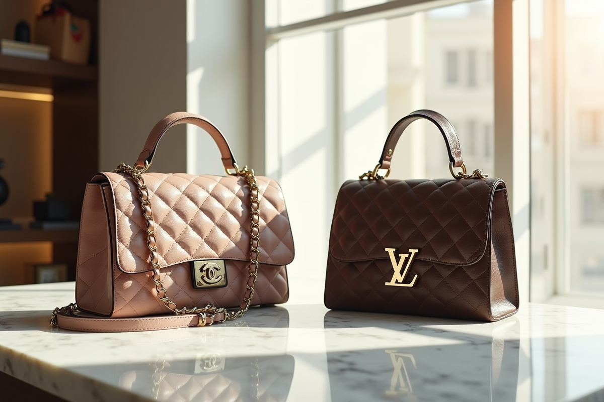 Sacs de luxe Chanel et Louis Vuitton côte à côte sur une table