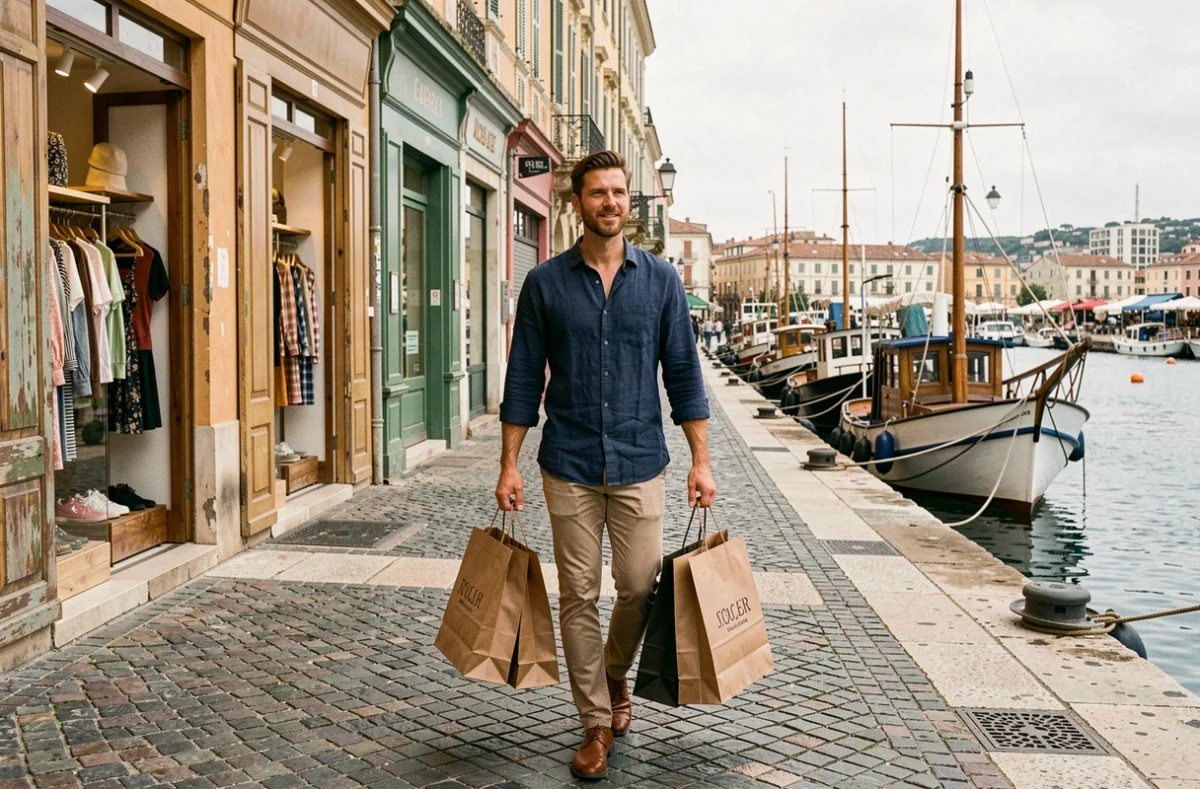 Homme portant des sacs de shopping se promenant sur le Vieux-Port de Marseille avec des bateaux de pêche traditionnels amarrés