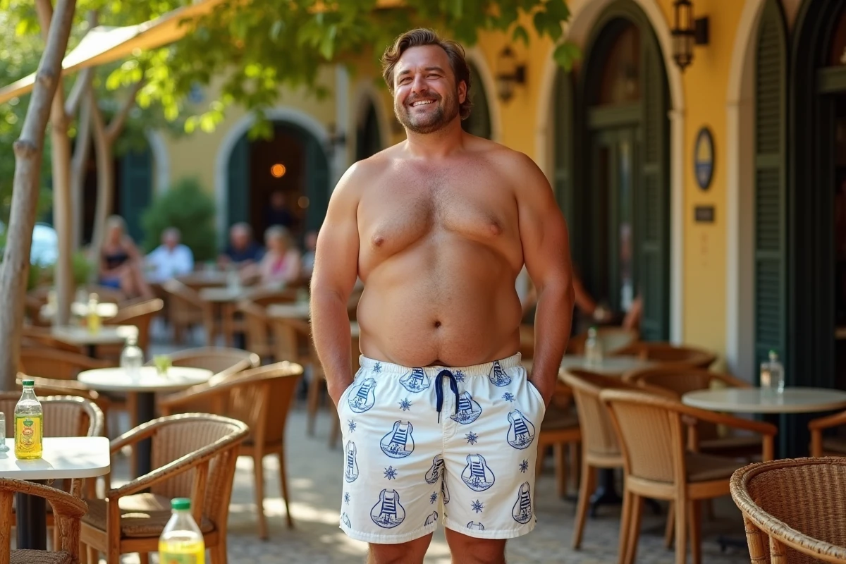Homme grande taille en short Ricard sur une terrasse de brasserie française avec verre de pastis