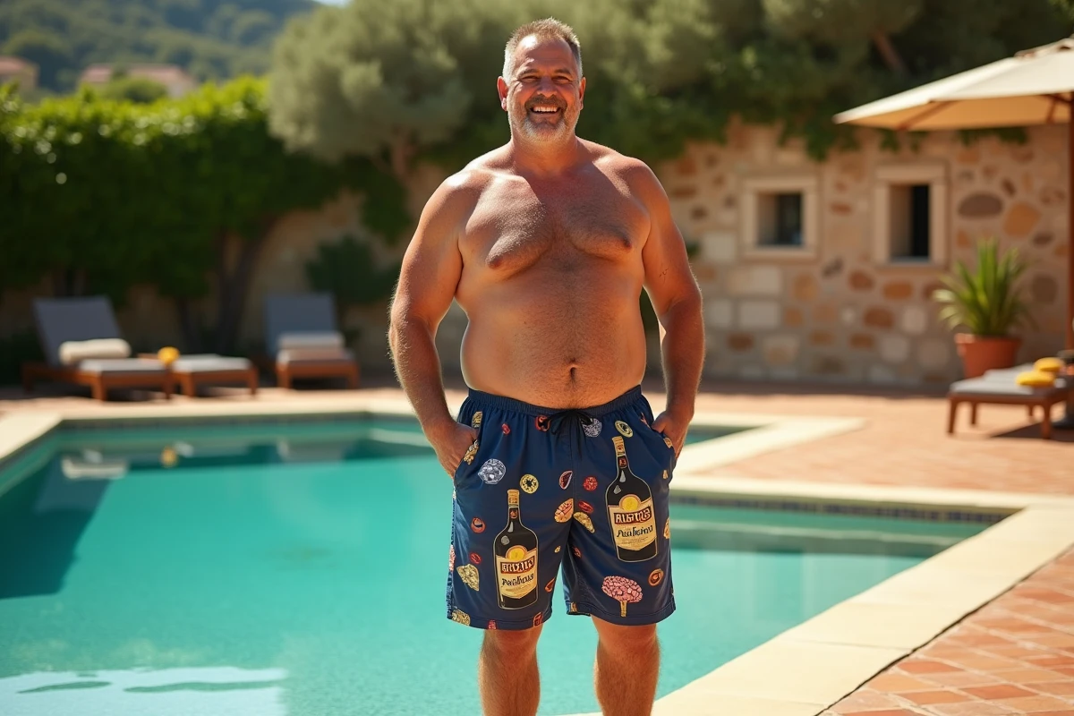 Homme grande taille portant un short de bain imprimé Ricard au bord d'une piscine provençale