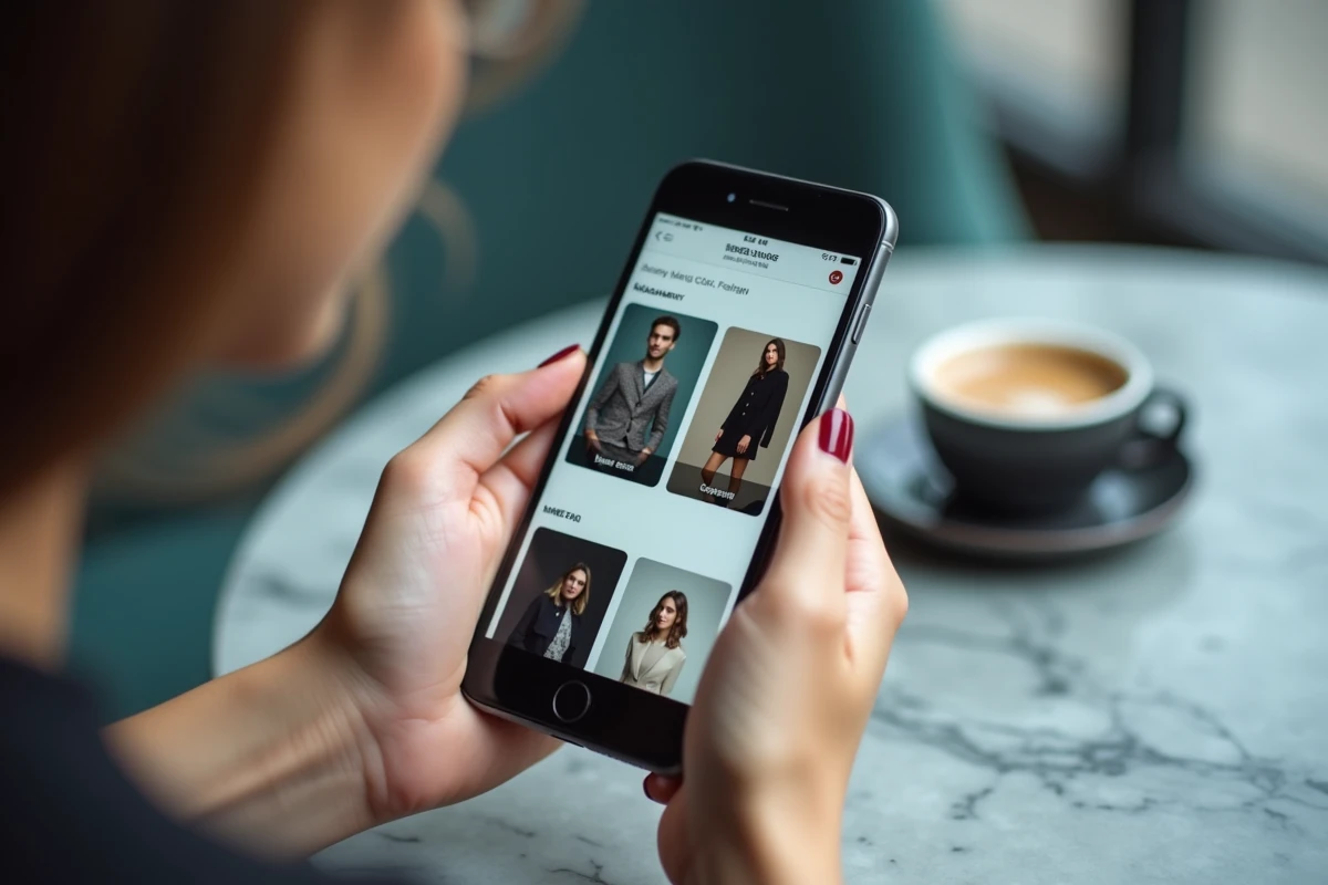 Gros plan sur un smartphone affichant un site de boutique de mode suspect avec des prix anormalement bas et des photos floues