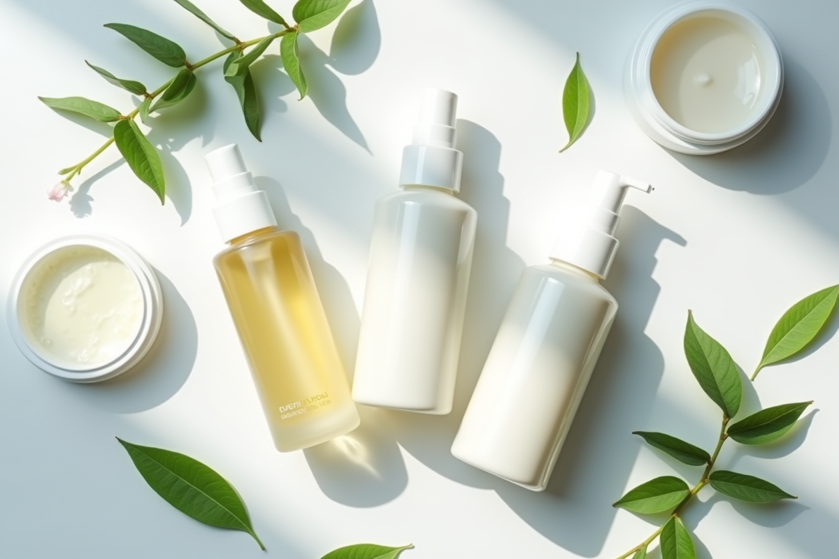 Disposition de produits de soin koreen sur marbre blanc