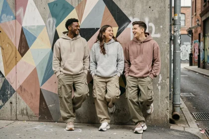 Groupe de jeunes adultes aux morphologies variées portant des vêtements streetwear inclusifs et non genrés dans une ruelle urbaine créative