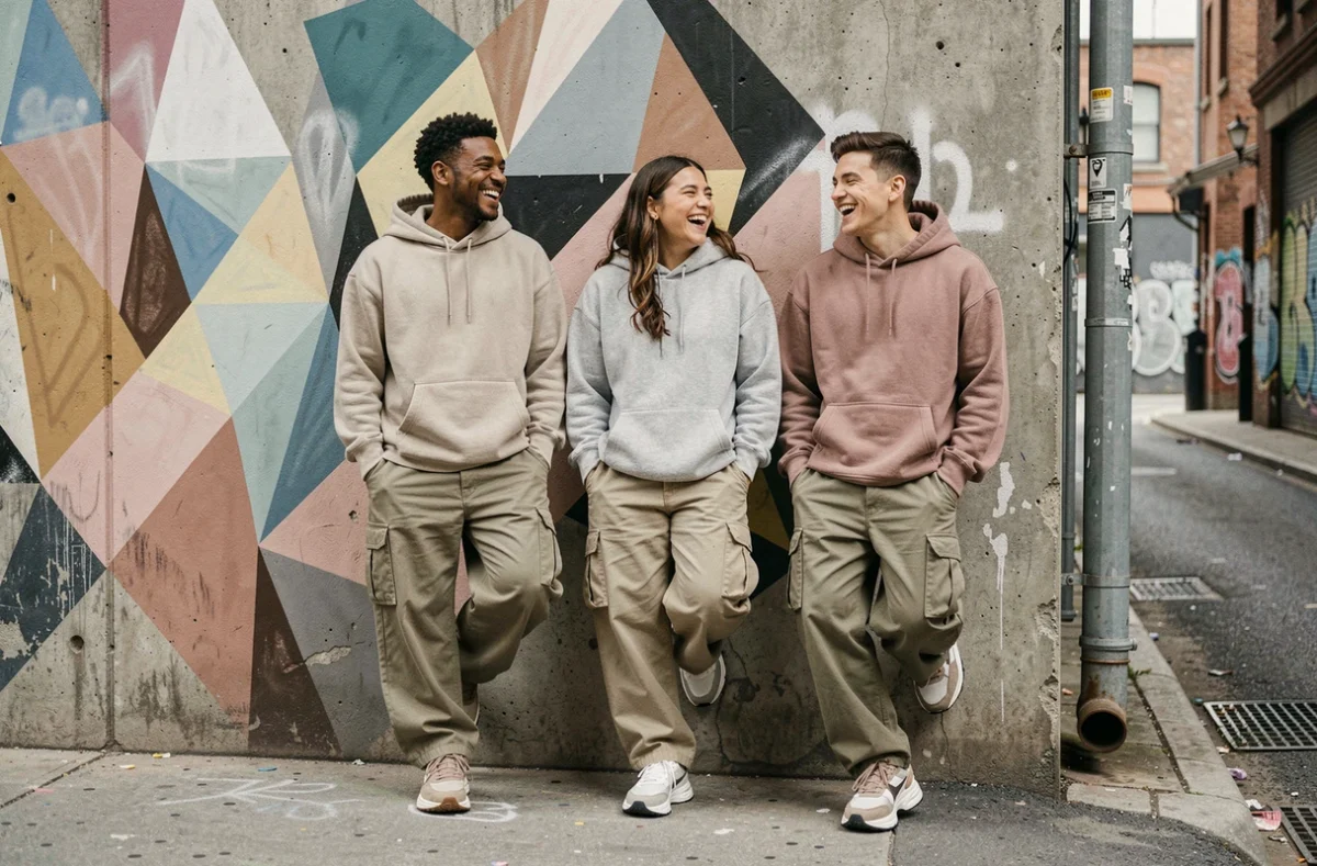 Groupe de jeunes adultes aux morphologies variées portant des vêtements streetwear inclusifs et non genrés dans une ruelle urbaine créative