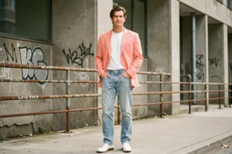 Homme en blazer pastel et jean taille haute inspiré des années 80, style Miami Vice, dans un décor urbain béton