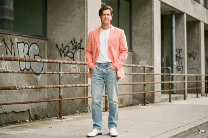 Homme en blazer pastel et jean taille haute inspiré des années 80, style Miami Vice, dans un décor urbain béton