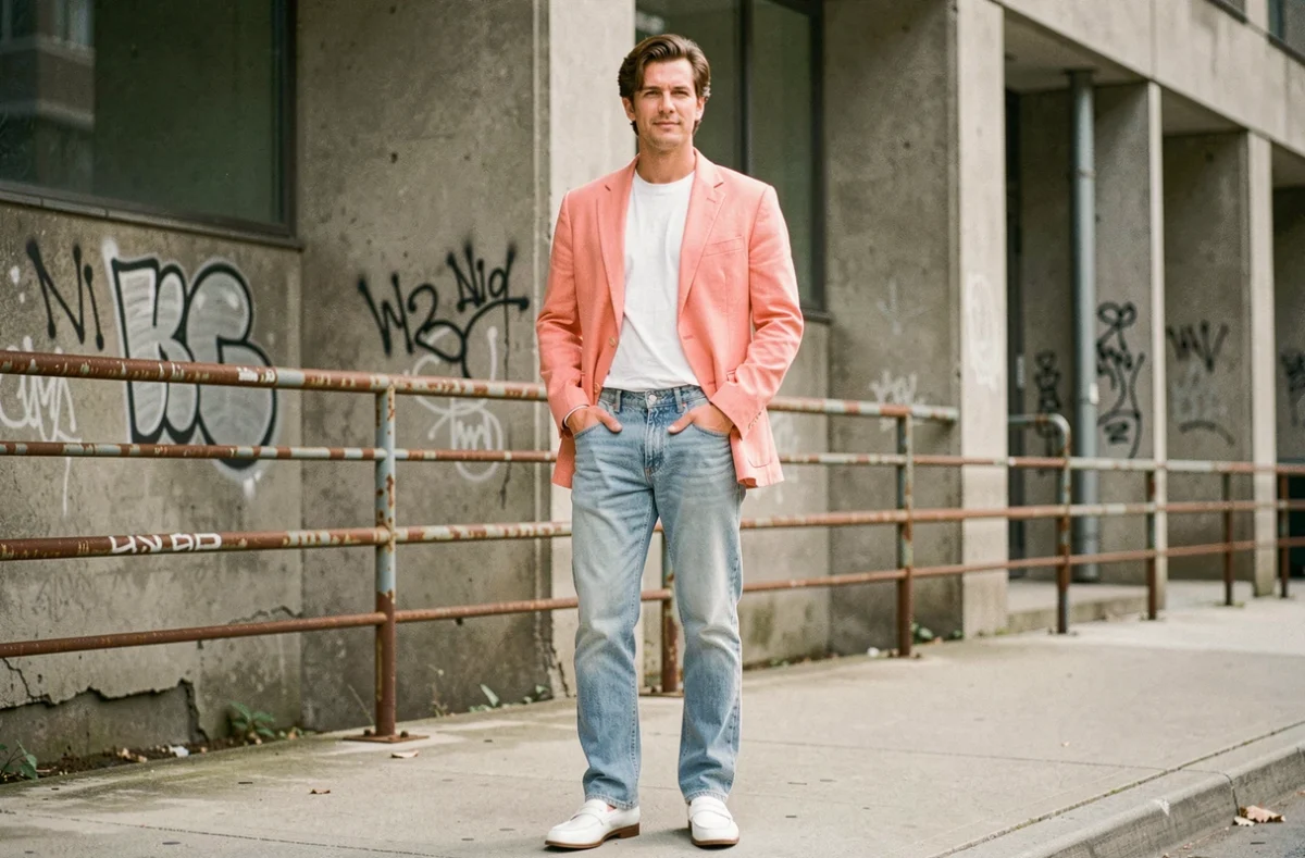 Homme en blazer pastel et jean taille haute inspiré des années 80, style Miami Vice, dans un décor urbain béton