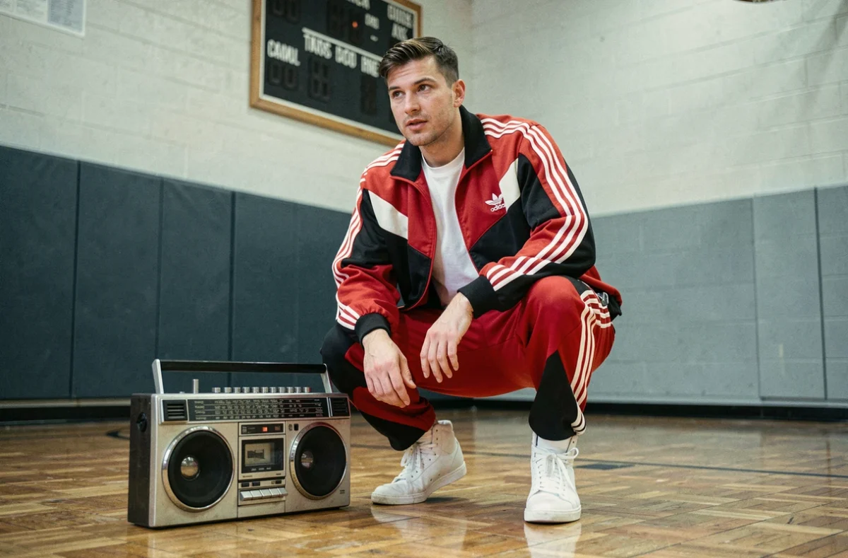 Homme en jogging color block rouge et blanc années 80 accroupi près d'un boombox vintage dans un gymnase rétro
