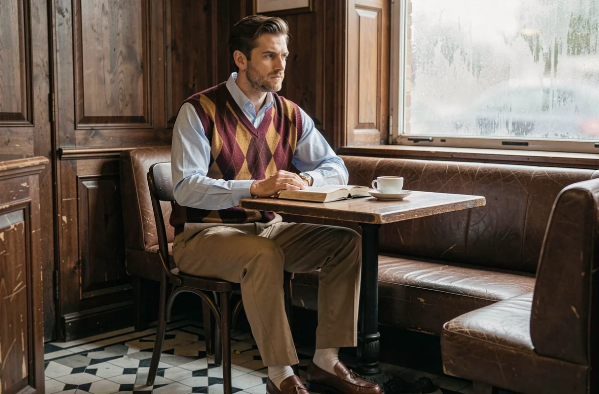 Homme en pull argyle et chemise Oxford style preppy années 80 attablé dans un café parisien vintage