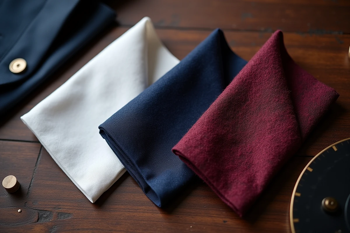 Trois pochettes de costume différentes en lin, soie et laine présentant des pliages classiques sur une surface en noyer sombre