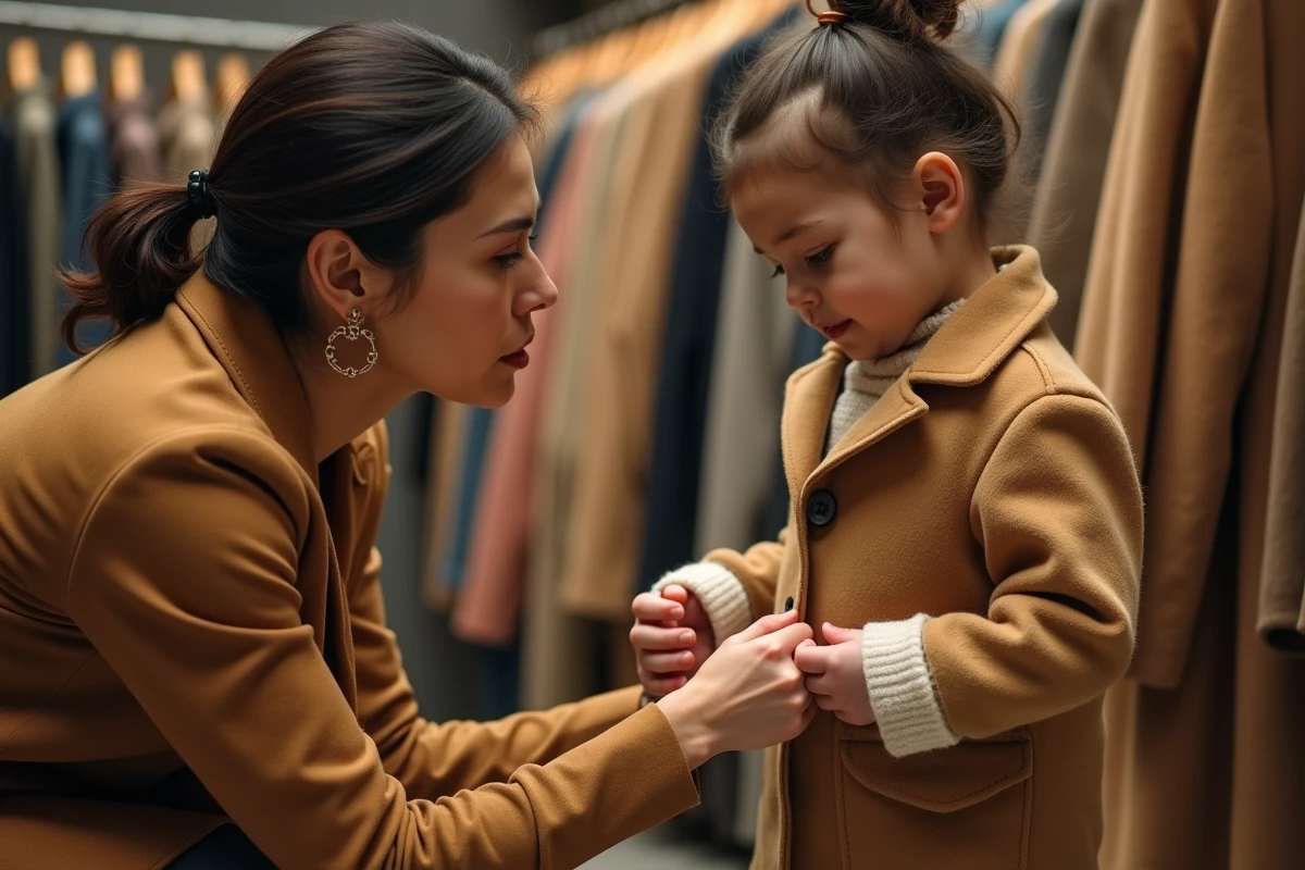 Maman vérifiant la longueur des manches d'une veste sur son enfant en magasin de vêtements