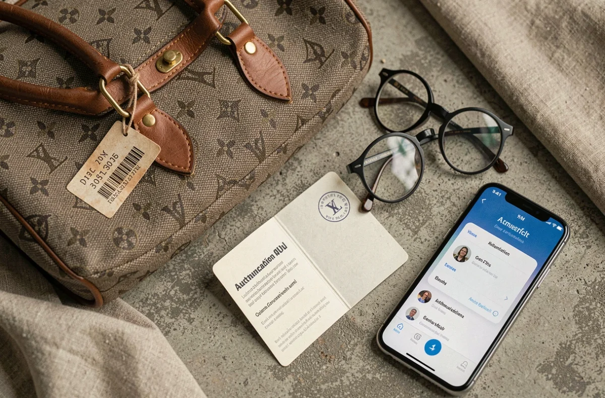 Gros plan sur le numéro de série et l'étiquette d'authenticité d'un sac à main de luxe posé sur une surface en pierre