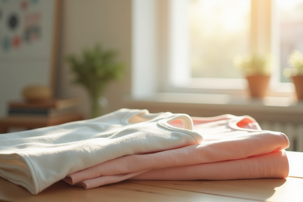 Vêtements pastel pliés dans un studio lumineux