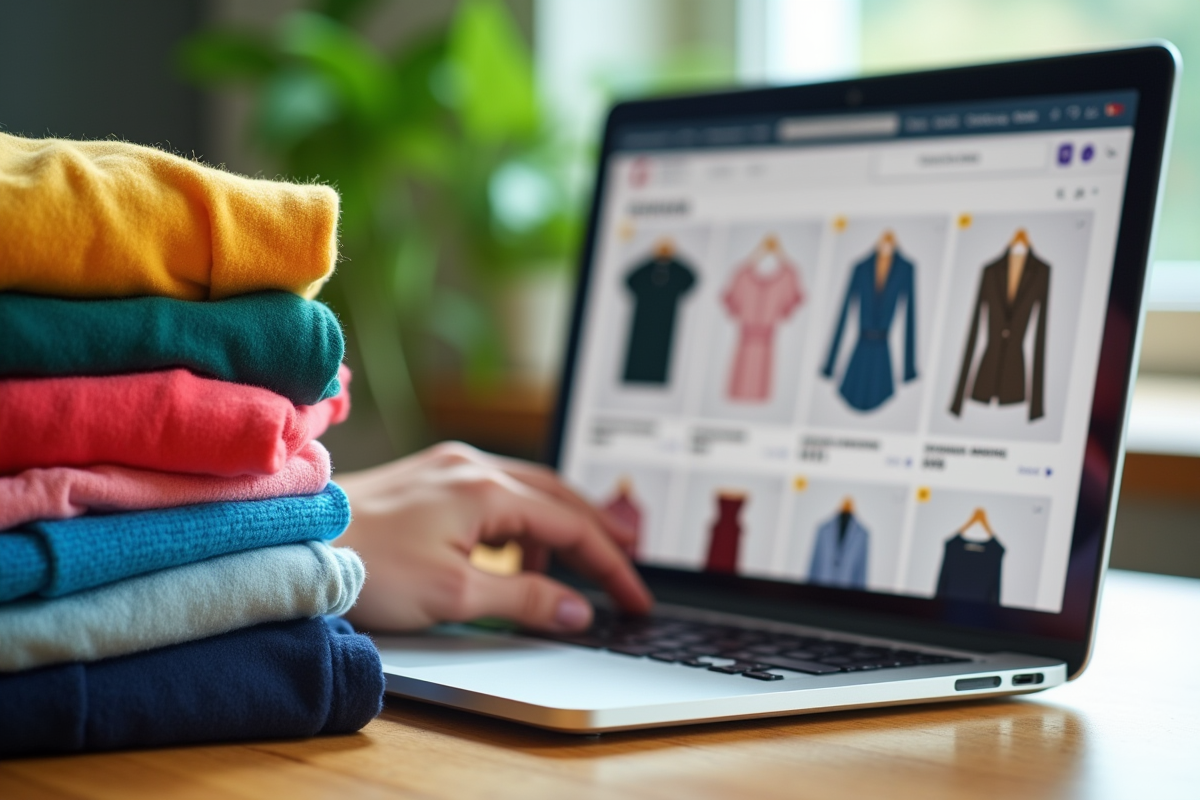 Pile de vêtements colorés avec un ordinateur portable sur une table