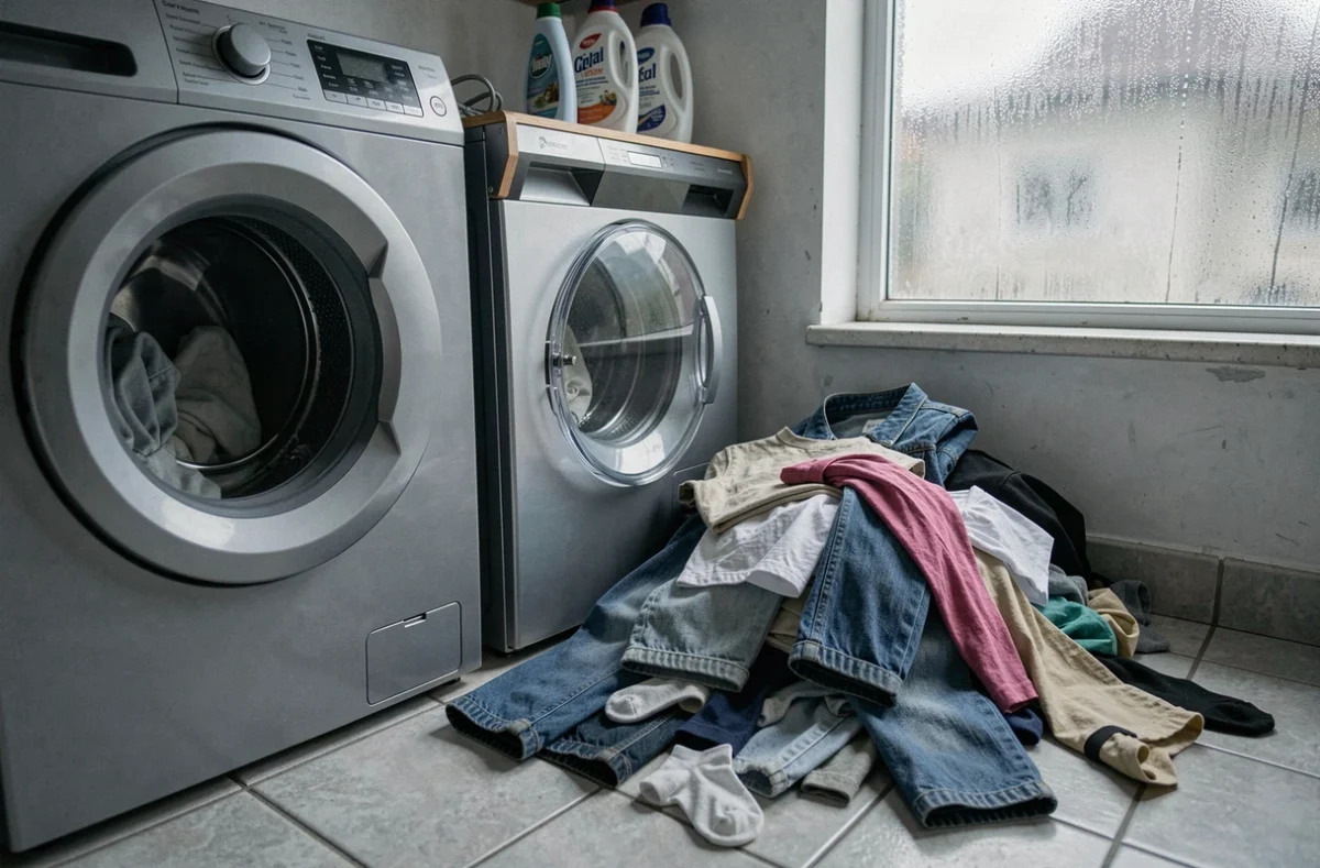 Tas de vêtements sales laissés sur le sol devant un lave-linge dans une buanderie compacte