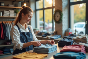 Vendeur souriant examinant des vêtements d'occasion propres
